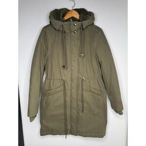 Sam Edelman Faux Shearling Anorak Coat Olive Green Lined Hooded Size S. NWOT.